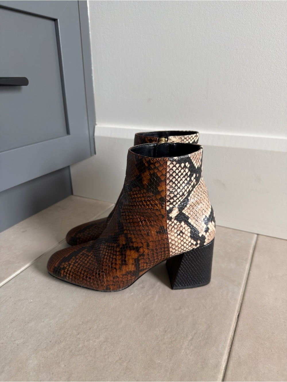 Women's Snake-Print Block Heel Ankle Boots - Brown/reddish/Beige/black
